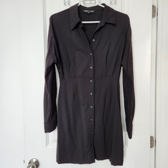 Long Sleeve Cinched Black Shirt Dress - Picture 1 of 7